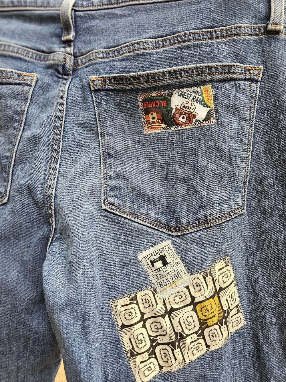 J. Crew Blue Patchwork Straight-Leg Jeans with Vintage Graphic Patches - Picture 5 of 6
